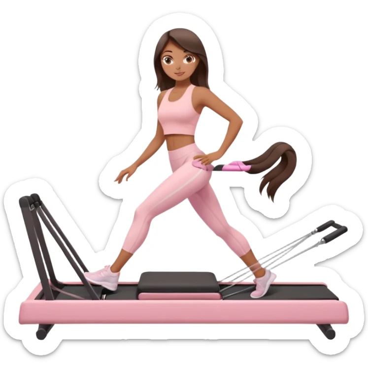 a girl doing reformer pilates, she is wearing a pastel pink fit and she has dark straight and loose hair.  sticker