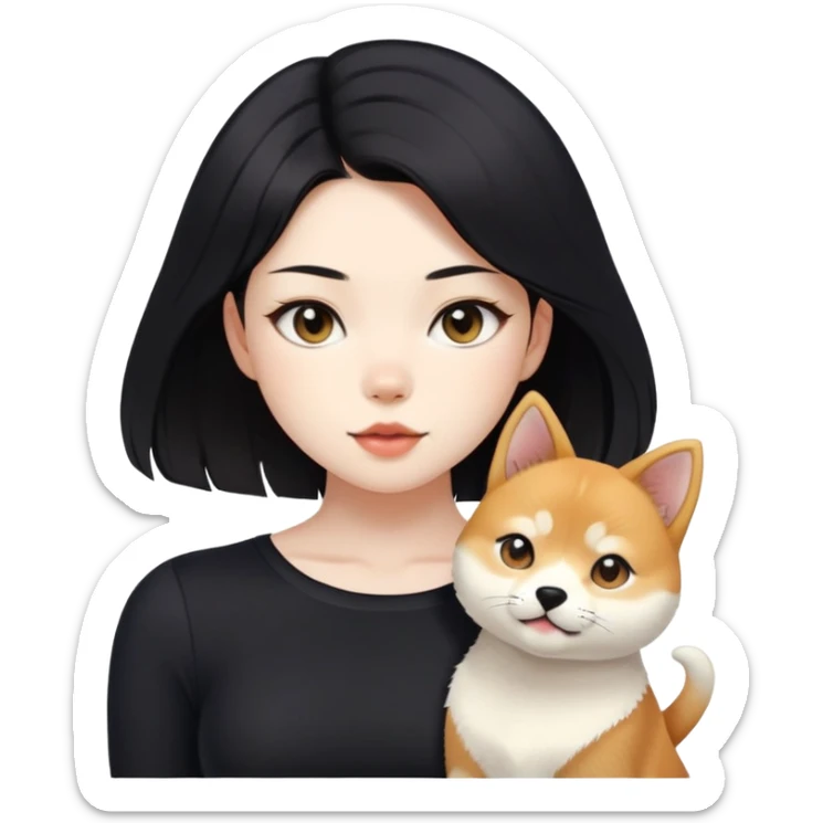 girl with black shoulder-length hair wearing a black tight-fitting top with a calico cat with white mouth and a shiba inu dog sticker