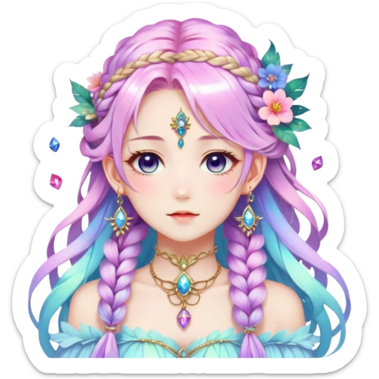 Beautiful gorgeous anime lady with beautiful iridescent-nebula-braided-hair, fashion aesthetic, ethereal, fairycore, pastelcore, feather, flowers, gems, accessories, jewelries, gold, colorful sticker