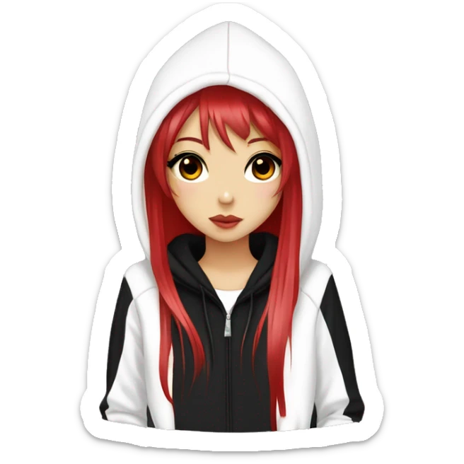 hime gyaru girl, long straight black and red hair, dark makeup, white hoodie with black logo on front sticker