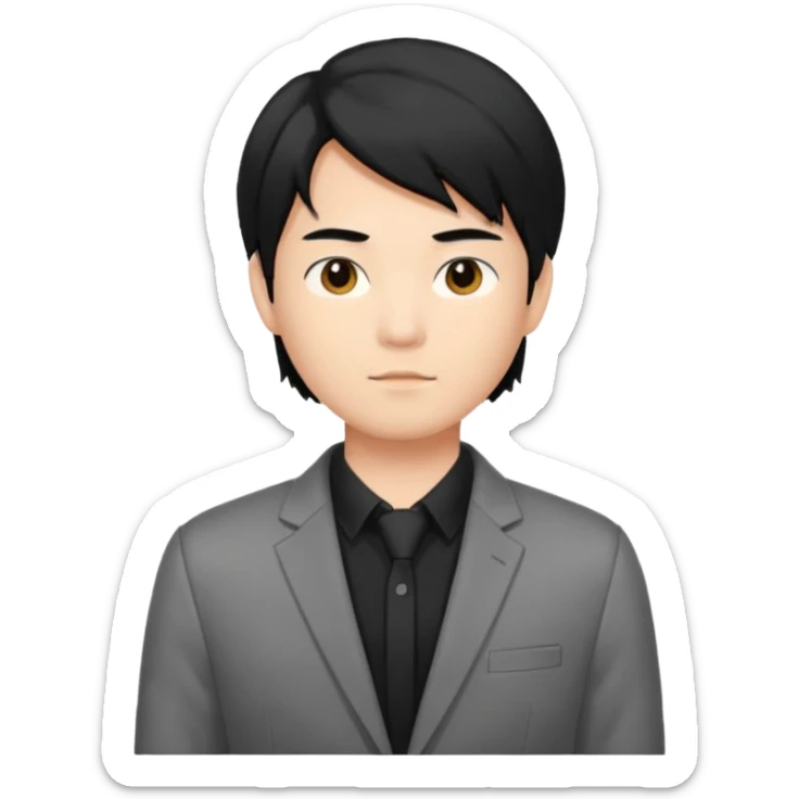 asian young man with mid-long black hair middle part haircut in grey blazer and black t-shirt  sticker