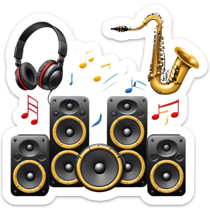 Icon for R&B Music Listening: large concert speakers and headphones with waves of musical notes coming out, along with drums, bass guitar and saxophone. The icon should convey the energetic and rhythmic vibe of R&B music. Transparent background sticker