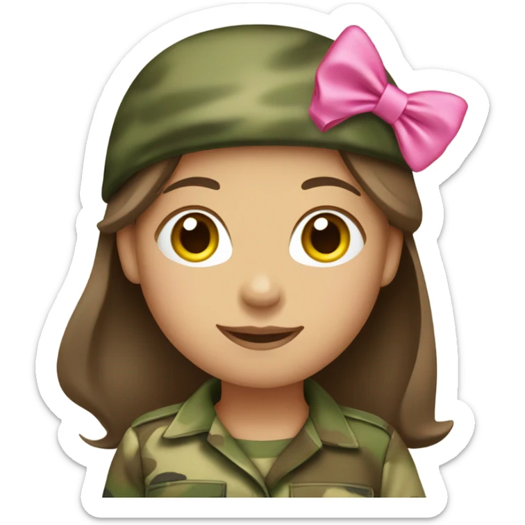 girl wearing camouflage saluting with pink bow on head and brown hair and heels on feet emoji sticker