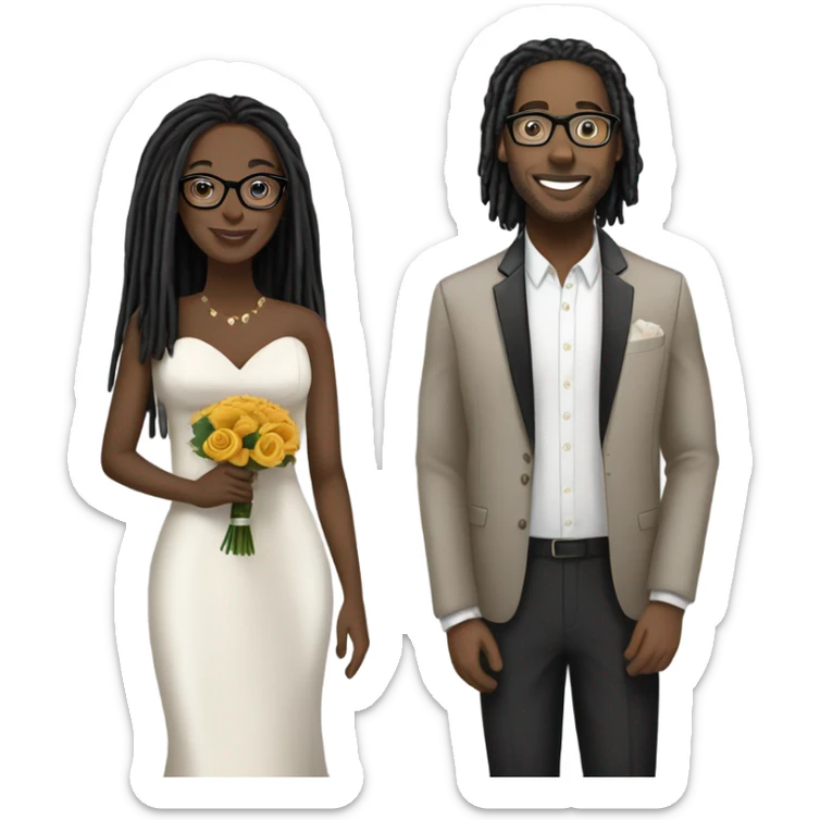 black couple with locs, male light skin with long black locs, female dark skin with glasses and BLACK locs wedding sticker