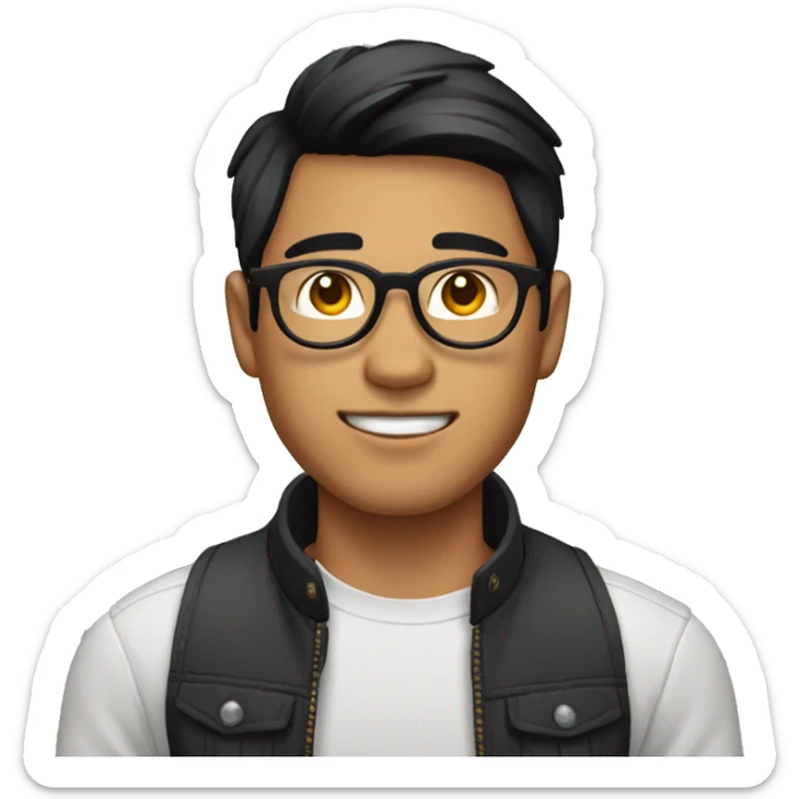 filipino guy, round face, round glasses, nose ring and black hair middle part straight hair sticker