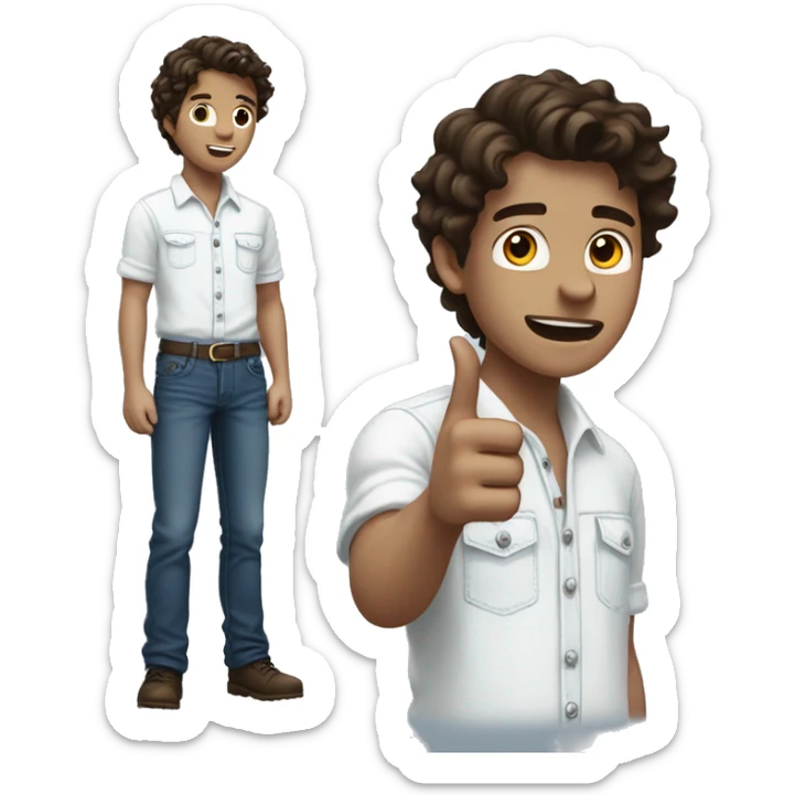 white boy pointing to the sky, dark brown wavy hair, wearing blue jeans overals and white shirt, half body, view from behind sticker