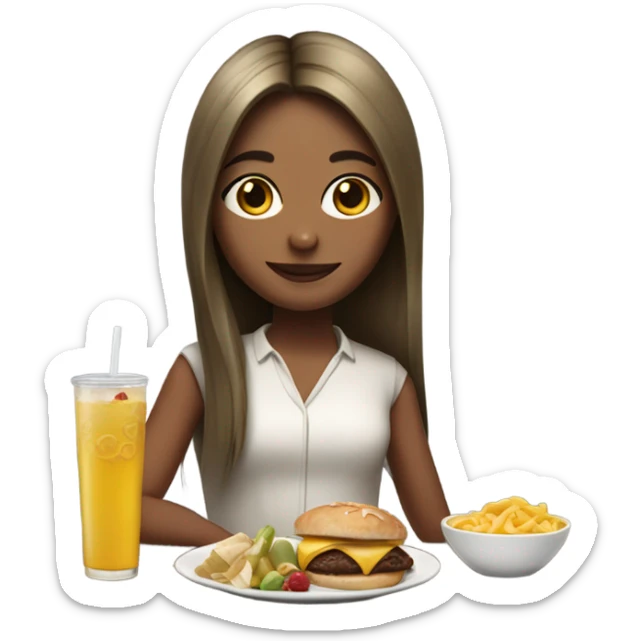 a girl who has a  medium skin looks stylish with long straight hair enjoys drinking and eating sticker