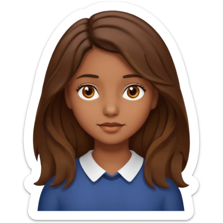 A girl with brown eyes and brown slightly wavy shoulder length hair and a center part sticker