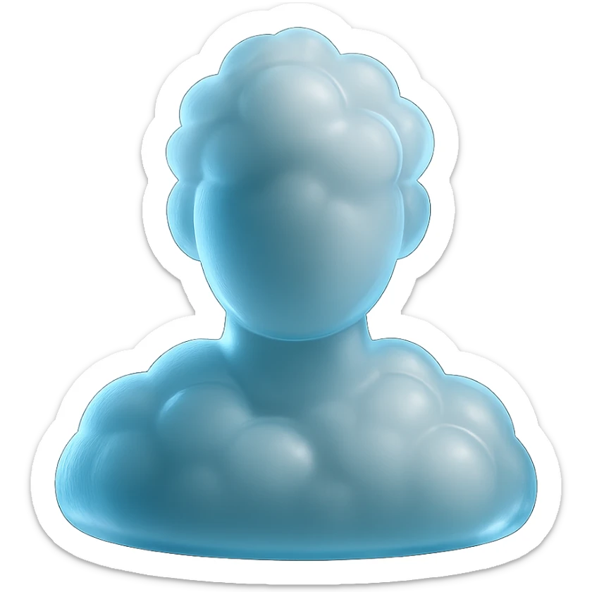 a bust of a person made up of only white, fluffy, protruding clouds, facing forward, in matte glass style sticker