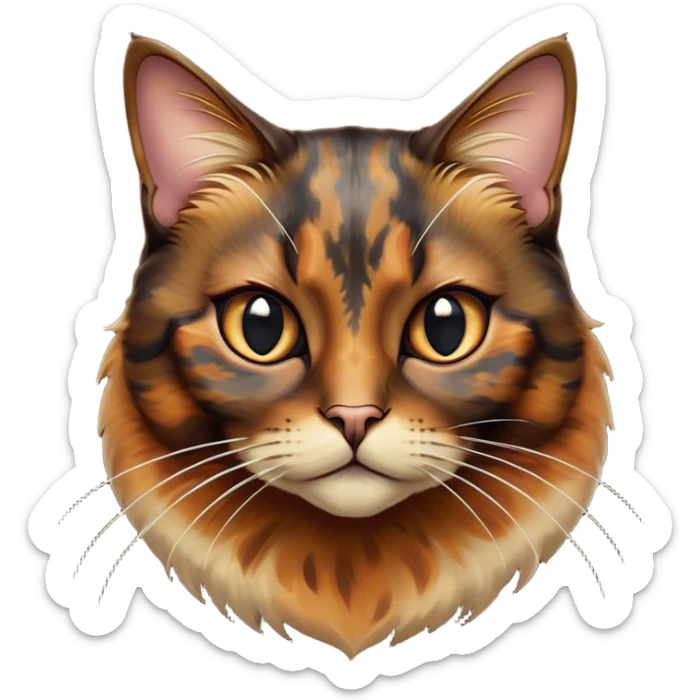 Cinematic Noble Tortoiseshell Cat Portrait Emoji, Poised and dignified, showcasing a luxurious, mottled fur of rich browns and blacks, with elegantly arched whiskers and a determined yet gentle expression, simplified yet meticulously detailed, glowing with a subtle, regal radiance, high shine, embodying quiet nobility and refined charm, soft glowing outline, capturing the essence of a sophisticated tortoiseshell cat exuding quiet authority! sticker
