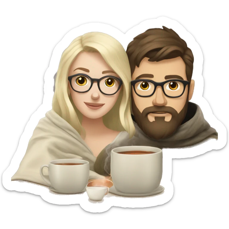 Pale blonde girl wearing glasses drinking tea under blanket with bearded brunette man sticker
