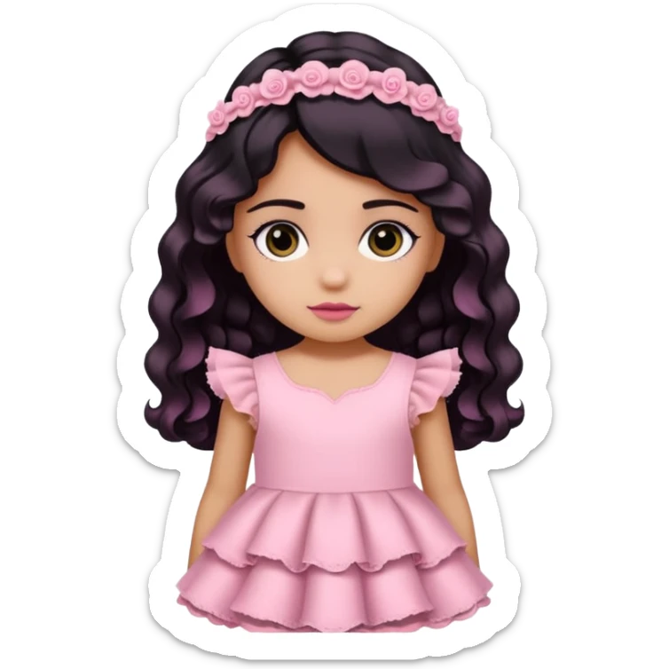 Una niña con un vestido rosa pastel con volados y encajes con cabello negro medio ondulado y dos moños como accesorio de cabello. ojos negros  sticker