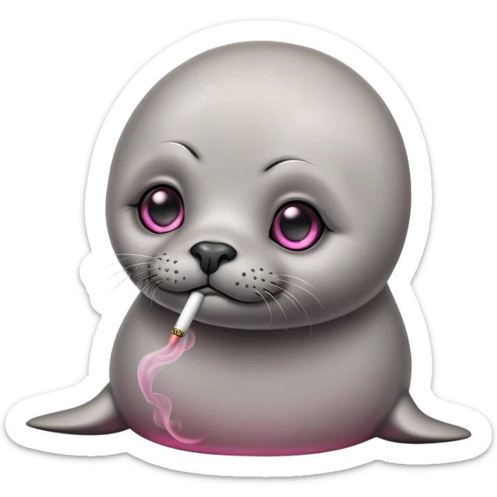 Grey slim baby seal Smoking cannabis weeds with pink eye looks tired sticker