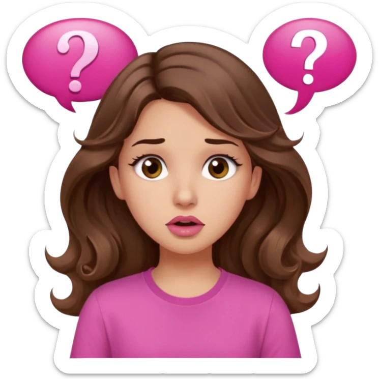 girl with long wavy brown hair, brown eyes, light to medium complexion, in a pink shirt, pink lips, long lashes, confused, question mark speech bubble sticker