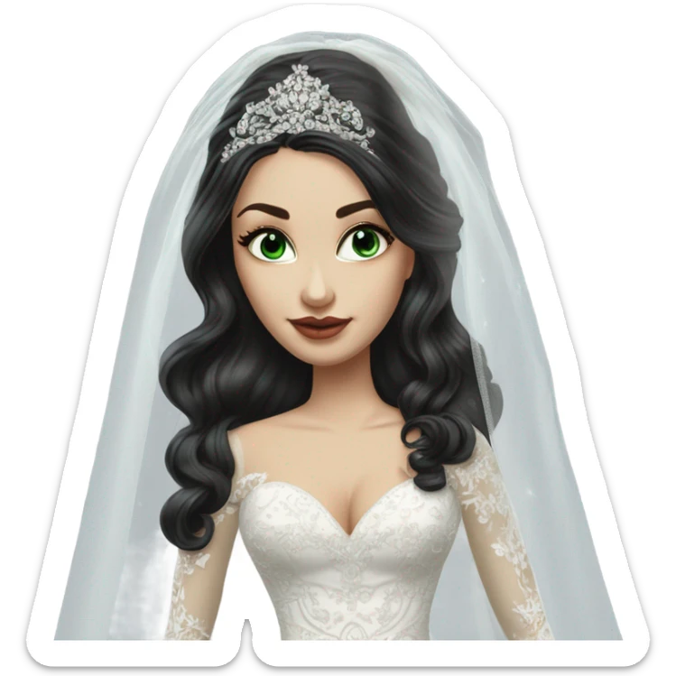 Hyper Realistic ornate ballgown long sleeve Wedding dress with diamanté on Russian bride with pale skin and green eyes and long black hair with veil hyper realistic  sticker