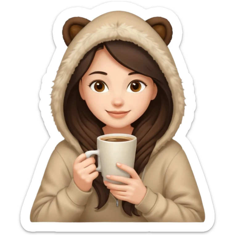 a brunette girl sitting cozily in a beige fur hoodie sipping coffee sticker