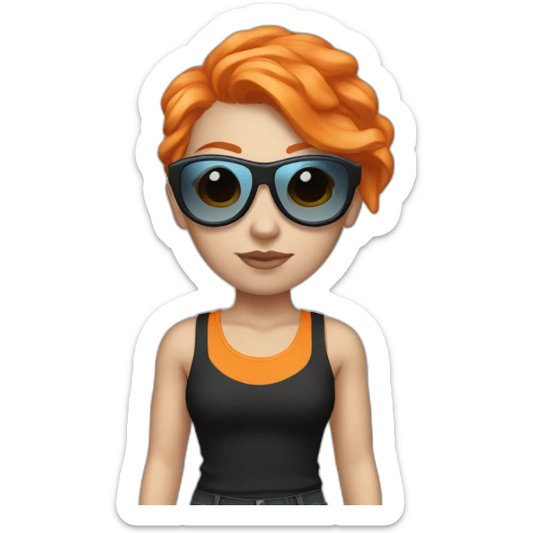 White girl with orange hair, futuristic sunglasses, light blue tank top and black pants sticker