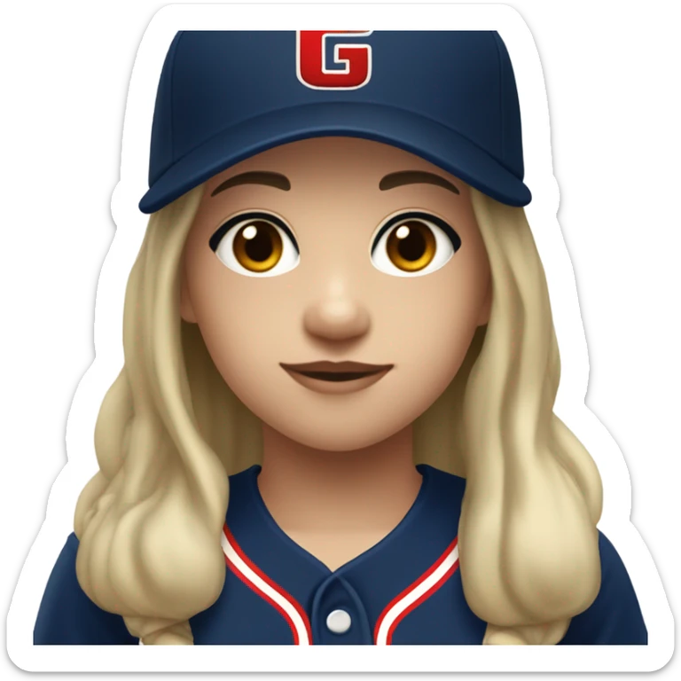 Black long hair and white skin girl wearing navy ballcap emblazoned with a red G initial and wearing baseball uniform sticker