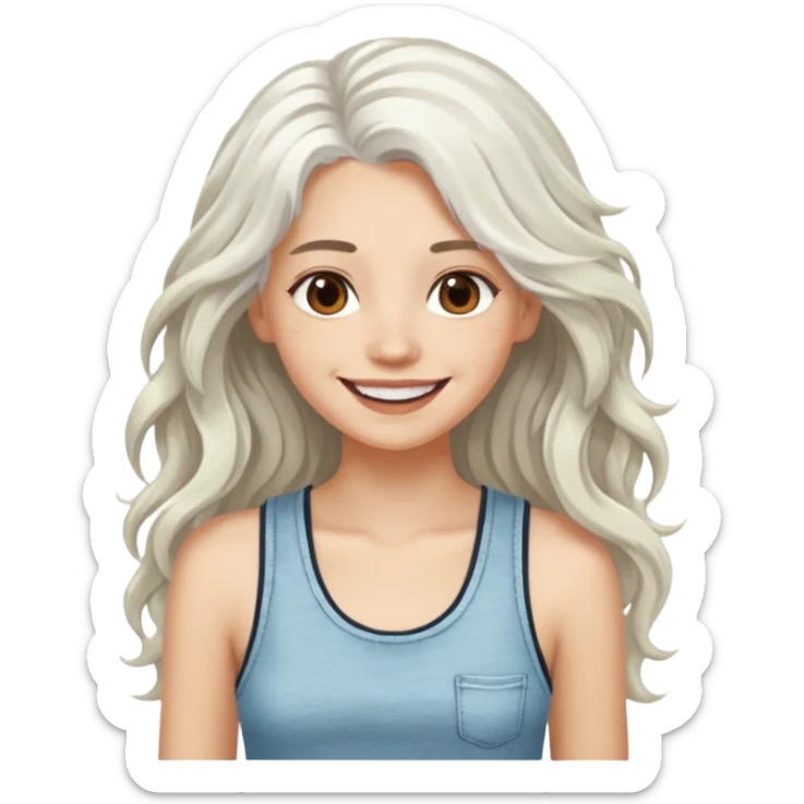 woman with wavy long white hair and brown eyes. smiling in a grunge tanktop. pale skin. sticker