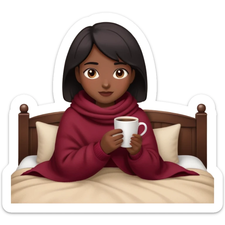A cozy Apple-style emoji of a girl with short black hair, wearing a burgundy sweater, wrapped in a soft blanket, and holding a warm cup of coffee. Her skin tone is a bit darker than olive, and she’s wearing mascara. She looks relaxed and cute, with a warm and peaceful vibe sticker