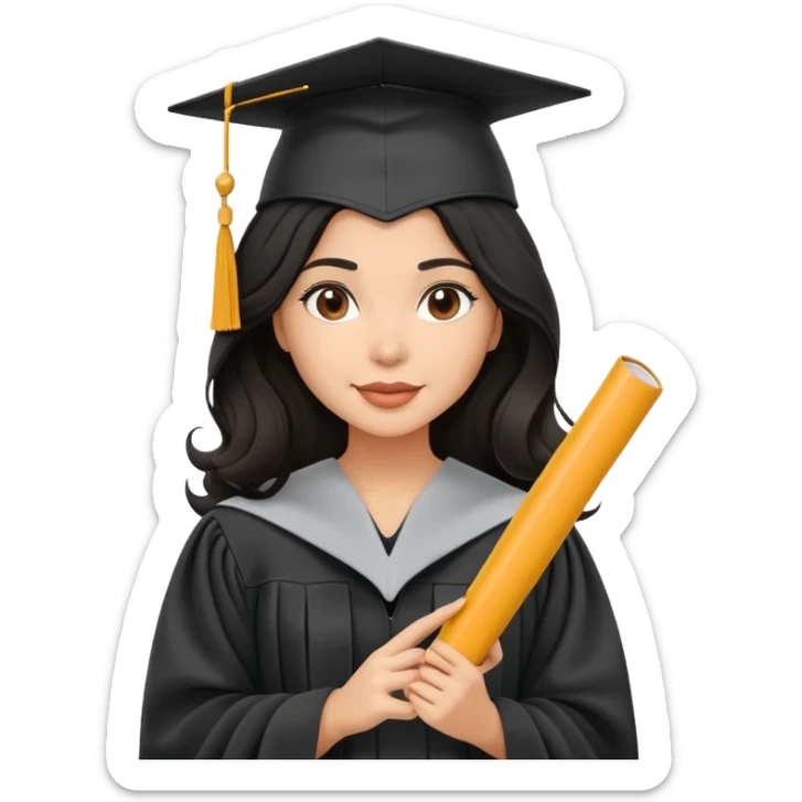 beautiful latina woman with wavy black hair wearing graduation cap and gown, holding diploma sticker