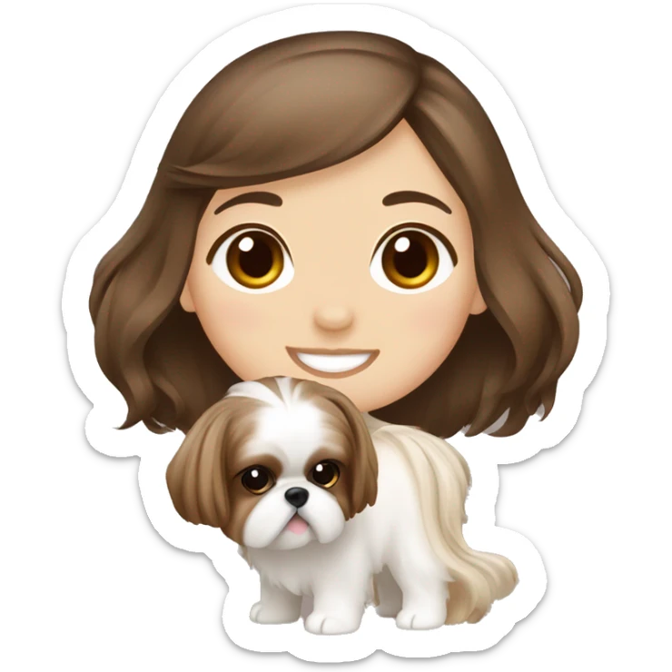 long brown hair japan girl with cream and brown colored shih tzu sticker