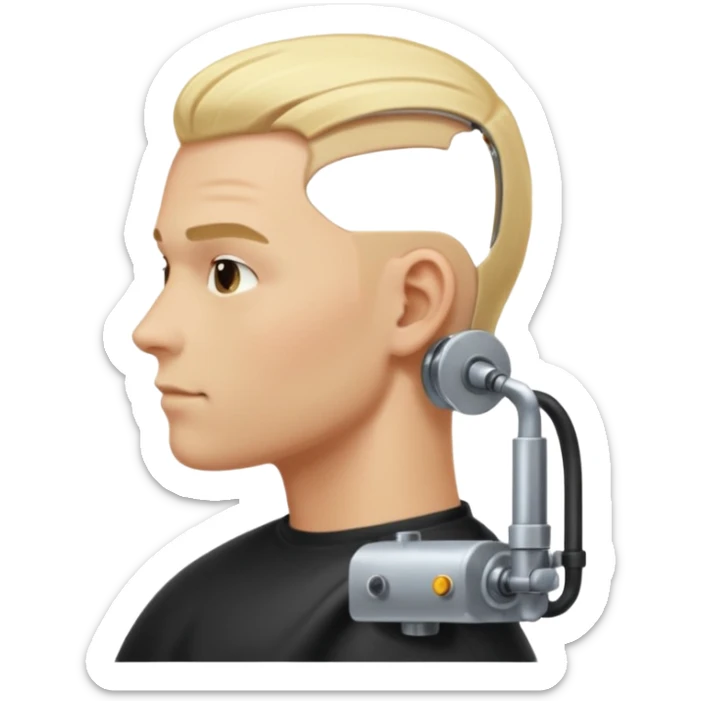 Male, no glasses, blonde hair, right side of hair shaved with a machine. sticker