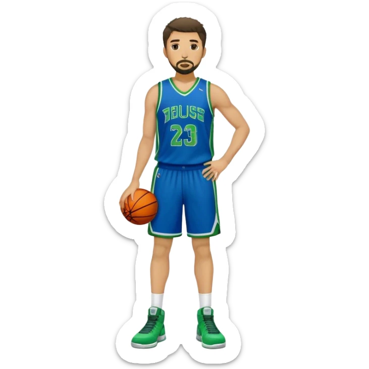 Full Body white male basketball player with short dark shaggy hair and goatee wearing blue and green uniform sticker