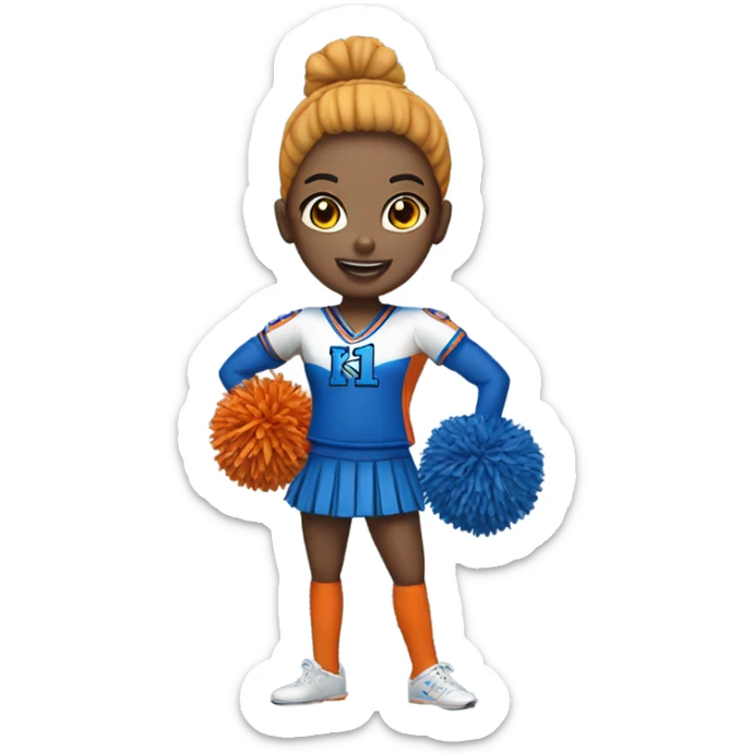 Cheerleader with orange and blue Pom poms  in her hand and a “K1 “on Uniform sticker