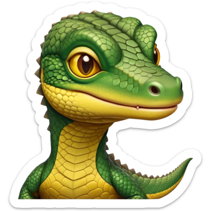 cinematic-realistic-cute-monitor-lizard-portrait-emoji,-head-tilted-playfully-and-inquisitively,-featuring-a-compact,-agile-body-with-finely-detailed,-glossy-scales-in-earthy-olive-hues-and-a-distinct,-alert-face-with-bright,-curious-eyes, yellow and dark green sticker
