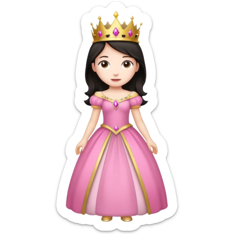 chica vestida de princesa con vestido rosa , piel blanca , pelo oscuro, corona dorada, cuerpo entero sticker