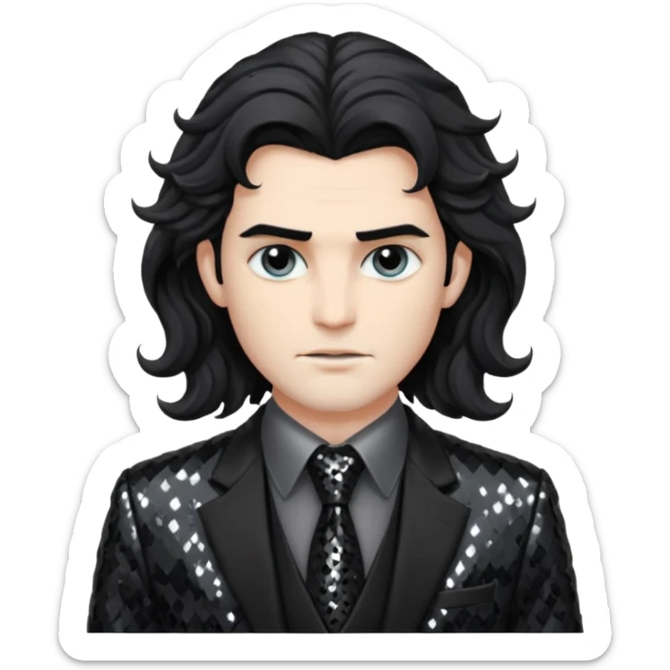 Hades from Greek Mythology with long black wavy hair, black sequin suit jacket and tie, grey shirt sticker