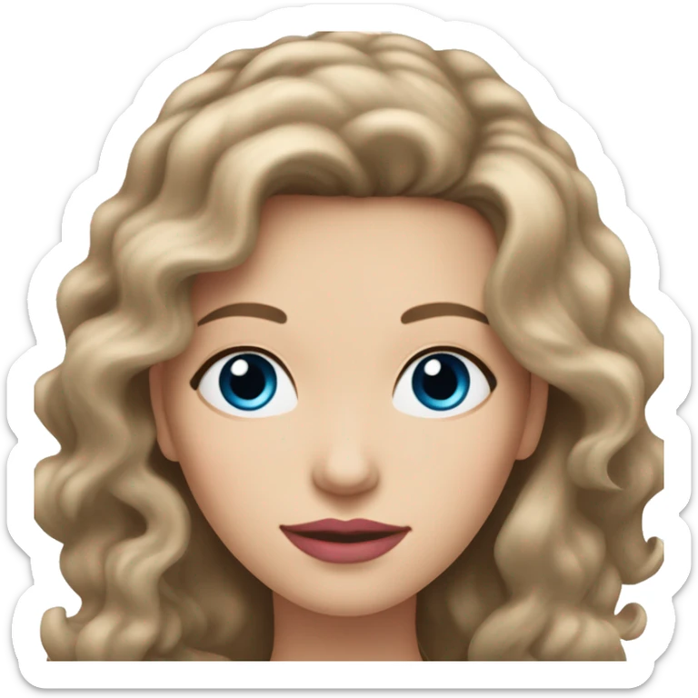 An adult white woman with wavy brown shoulder-length hair, pink lips, and blue eyes, cropped at the shoulders, on a white background sticker