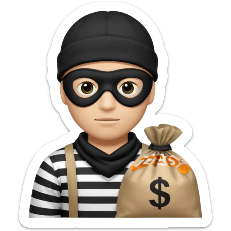 robber wears black eye mask, black beanies and black and white stibes shirt with one brown money bag beside him sticker
