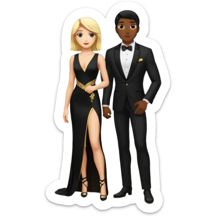 Blonde woman, black, Long, tight, sleveless Dress, Slot left Leg, man, black Hair, in Dinner jacket, Background ballroom sticker