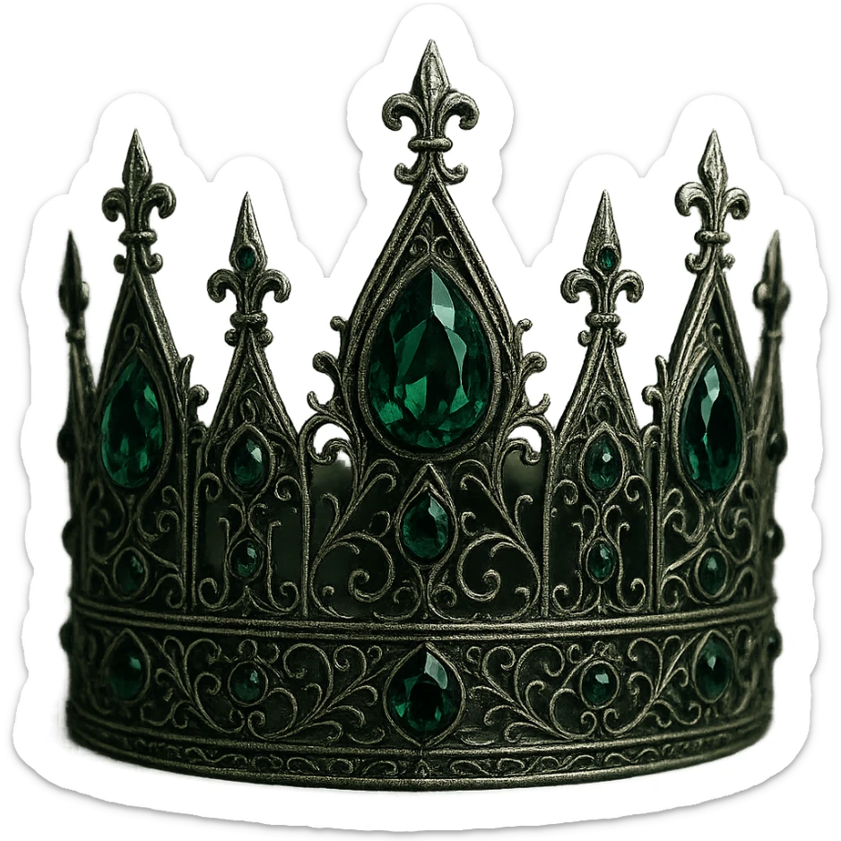 gothic crown in emerald green with silver filigree and dark green gems, mysterious and regal sticker