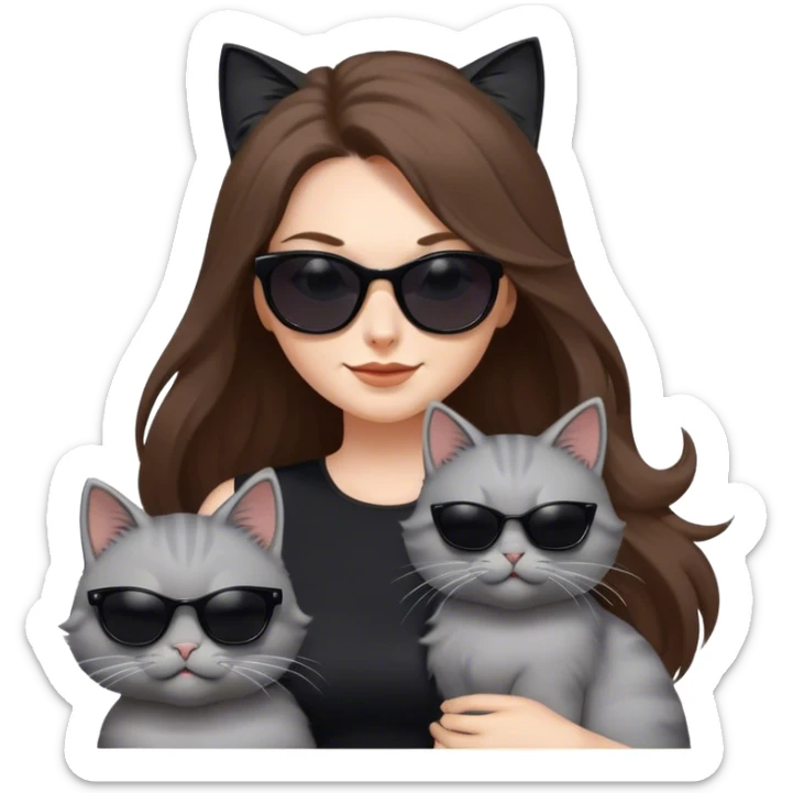 White woman with long brown hair wearing dark sunglasses and a black dress. She is smirking. next to her is a fluffy light grey cat who is also wearing dark sunglasses. The wind is blowing their hair and they are having fun sticker