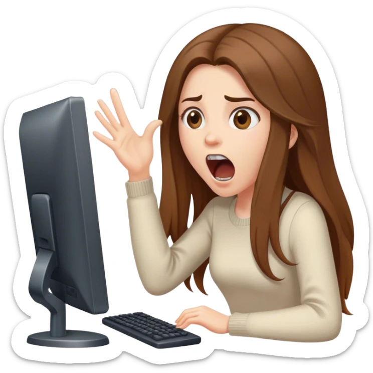 A white-skinned girl with long brown hair shouts GG at the monitor sticker