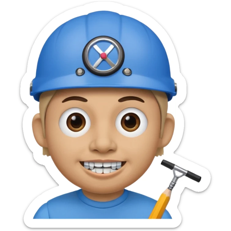 A round head puppet with 2 buck teeth a blue bike helmet and a round nose with a pencil in it also he has a unibrow and blue eyes sticker