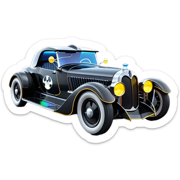luxurious ghostly sporty antique electric Darth Vader’s Batman-armored 1926 black graphite colored enclosed twin seat town coupe Batmobile with horizontal holographic 3d stars painted on the body sides and neon underglow  sticker