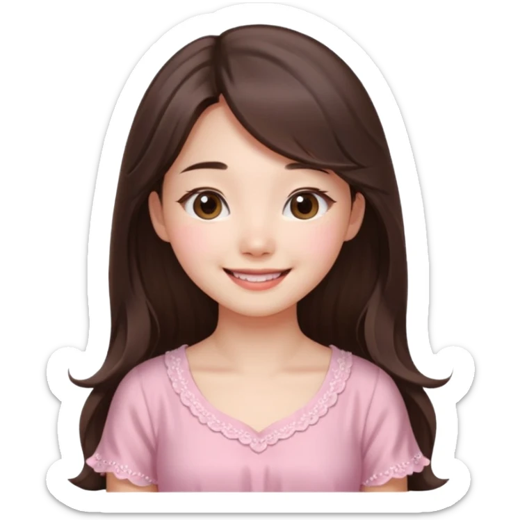 Korean girl in blue and white long haired brunette girl in light prink dresses smiling sticker