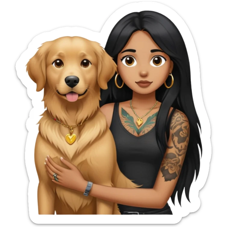 brown girl with long black  straight hair and chest tattoos and  a golden retriever sticker