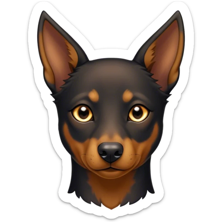 Cinematic Noble Black and Tan Kelpie Portrait Emoji, Poised and regal, with a strong, agile build and a glossy, well-groomed Fur of deep black and tan accents, piercing dark eyes, Simplified yet sharp and sophisticated features, highly detailed, glowing with a soft, dignified glow, high shine, intelligent and energetic, stylized with an air of determination, focused and attentive, soft glowing outline, capturing the essence of a watchful and confident herder, so majestic it feels as though it could bound out of the screen with effortless authority! sticker