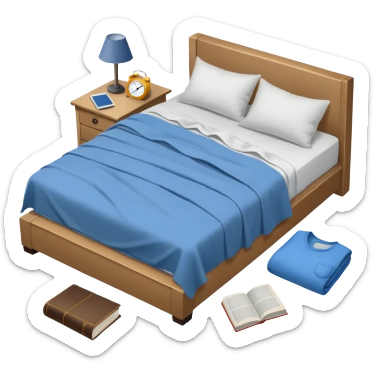 messy bed with a wrinkled blanket, the pillow out of place on the floor. Around the bed, scattered items include a t-shirt, pants, and an open book on the floor. sticker