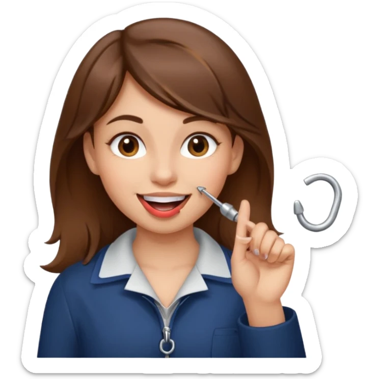 Emoji Fille cheveux long et brun yeux brun et que elle mette un doigt dans sa bouche qui forme un crochet et que elle fait un sourire  sticker