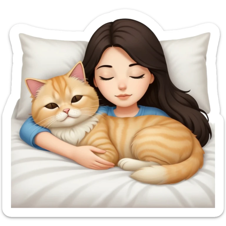 pretty girl with dark long hair sleeping with blonde persian cat in bed sticker