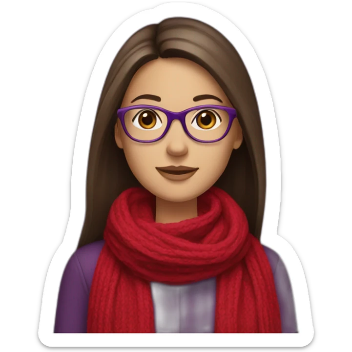 brunette young lady with long straight hair wearing a red scarf and glasses with purple background sticker