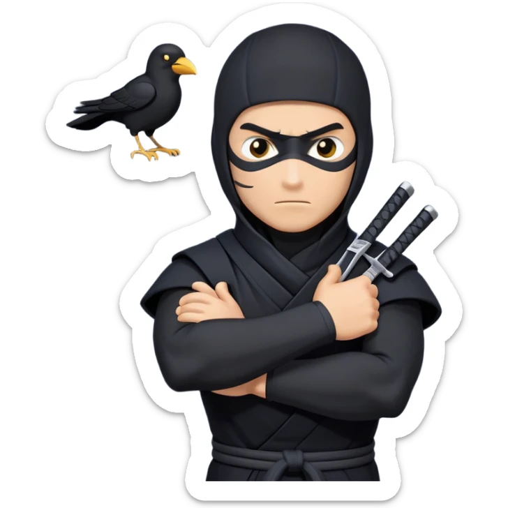 clash-of-clans-aesthetic_-cinematic-mysterious-male-ninja-portrait-emoji, rendered in a flat, vector-style with minimal shading and bold, simplified shapes, his arm is stretched out  with a head slightly turned revealing intense, focused eyes. the ninja has his arm out and perched on top of his forearm is  a black crow sticker