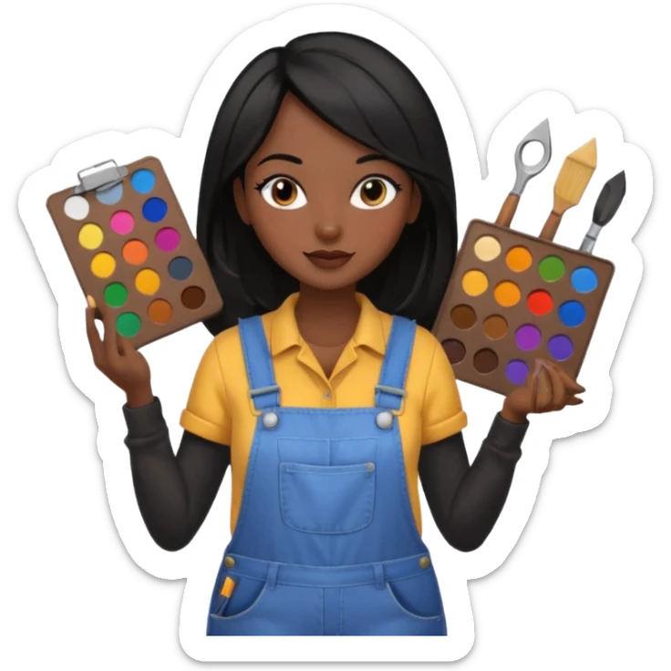 Créame emoji de una mujer que sea diseñadora industrial, pelo negra, piel morena, femenina con overol y una paleta de colores o herramientas de taller piel oscura chocolate cabello largo  sticker