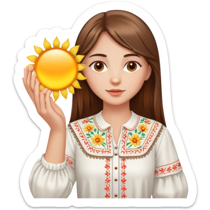 Young Ukrainian girl with brown hair wearing a white embroidered traditional shirt holding a bright sun in her hand sticker